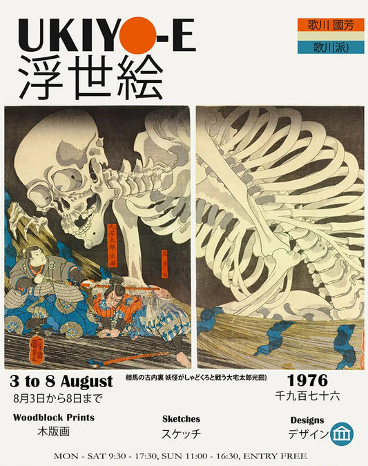Ukiyo-e Skeleton Drama | Japanese Woodblock Art Poster | Cultural Reflections Print | Home Decor Wall Art