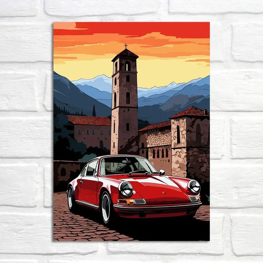 Porsche 911 Poster | Sunset Over Tuscan Villages | Mediterranean Scenic View | Timeless Porsche Journeys Decor