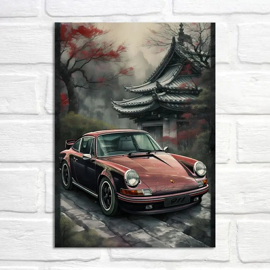 Poster | Porsche 911 | Autumn Temple Gardens | Peaceful Retreat | Scenic Tranquility | Reflective Moment