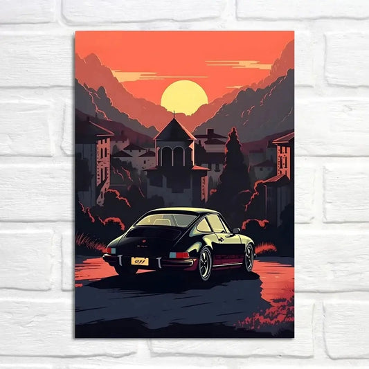 Porsche 911 Poster | Golden Hour Scene | Village Sunset | Iconic Car Art | Scenic Landscape