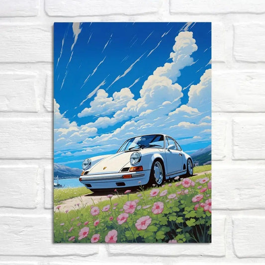 Porsche 911 Poster | Skyward Journey Under Blue Streaks | Alpine Escape Scenery | Exploring Porsche Horizons Artwork