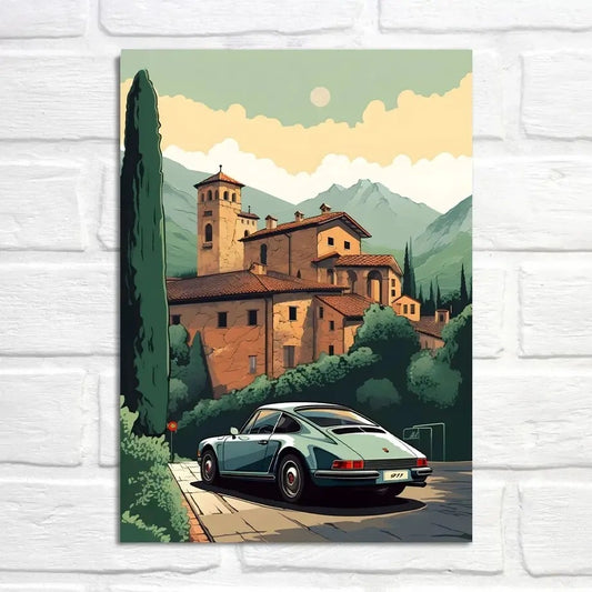 Porsche 911 Poster | Serene Twilight at Old Monastery | Peaceful Sanctuary | Automotive Art | Historical Explorations