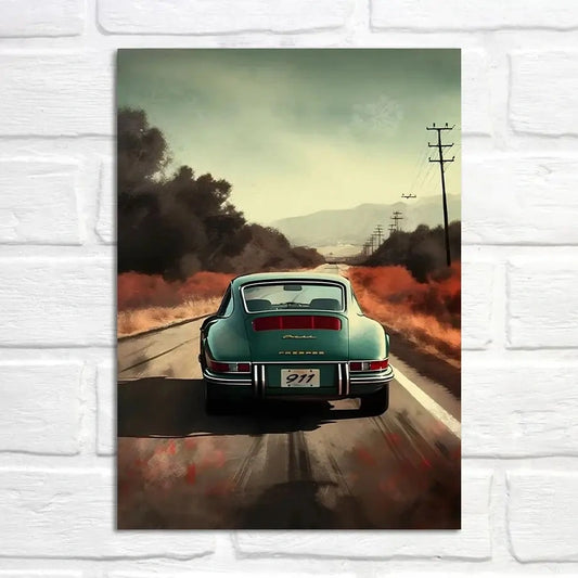 Porsche 911 Poster | Fiery Sunset Highway Drive | Desert Landscape Art | Dramatic Scenery