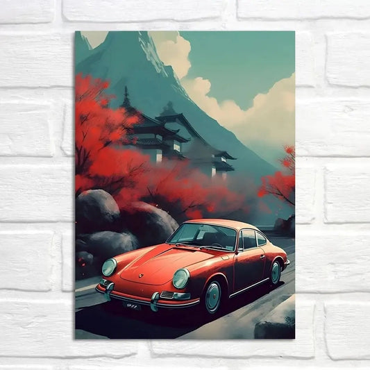 Porsche 911 Poster | Zen Tranquility at Red Shrine | Cultural Immersion Artwork | Vibrant Scenic Print