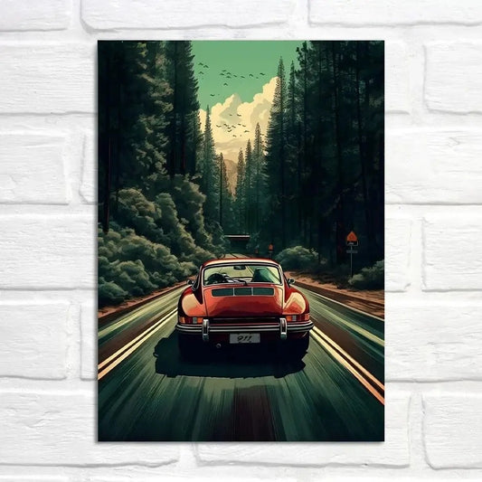 Porsche 911 Poster | Racing Adventure Through Misty Redwoods | Scenic Ancient Forests | Mystical Journey