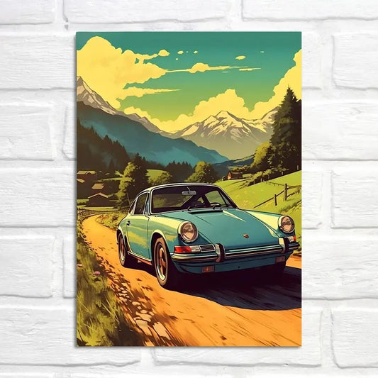 Porsche 911 Poster | Sunny Drive | Alpine Meadows Adventure | Majestic Mountain Landscape | Scenic Getaways Art Decor