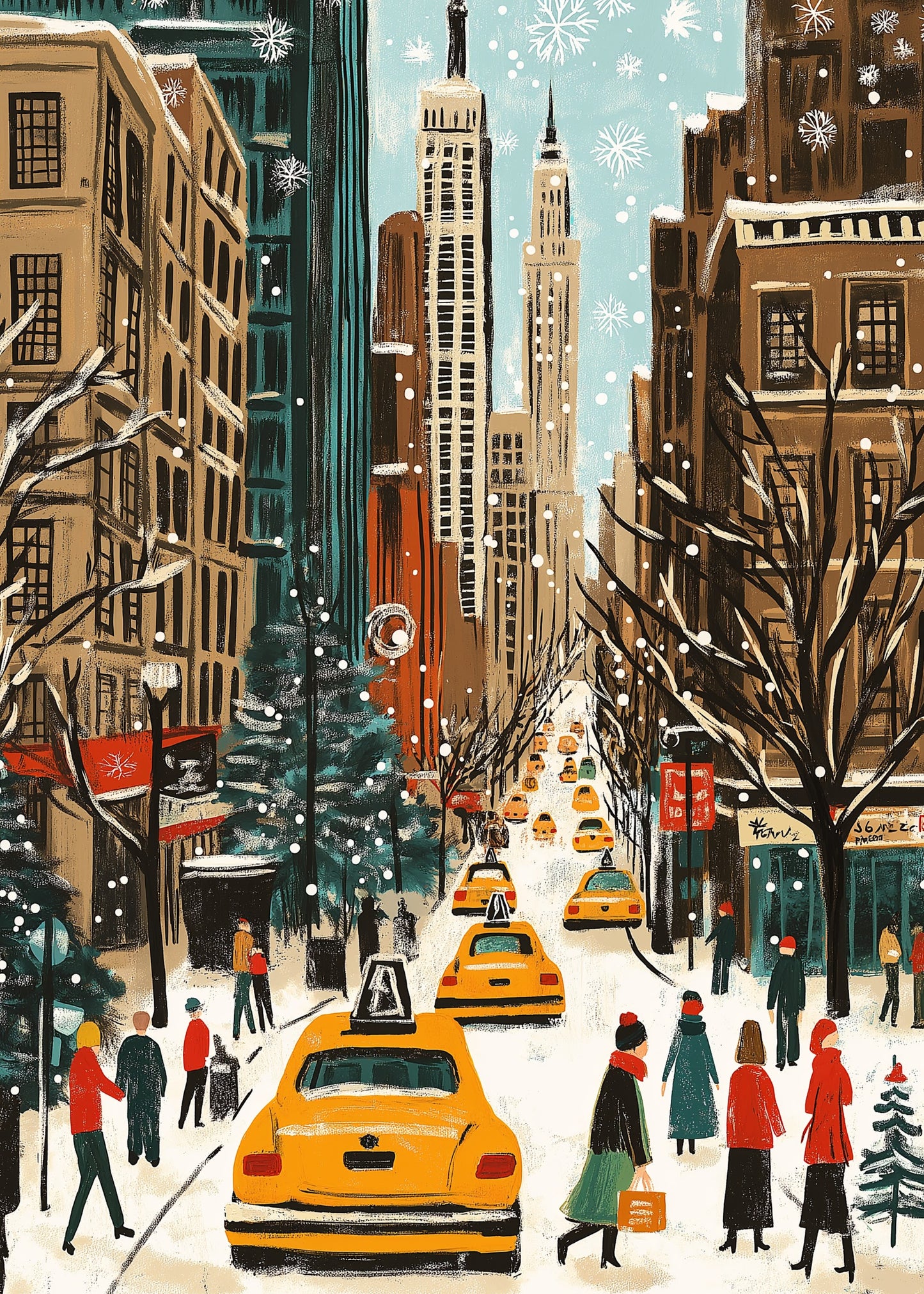 Snowy Urban Winter Cityscape Poster | Busy Streets & Yellow Cabs | Vibrant Holiday Scene Art Print | Skyscrapers & Decorated Trees | Charming Seasonal Skyline | Iconic Metropolitan Art Print