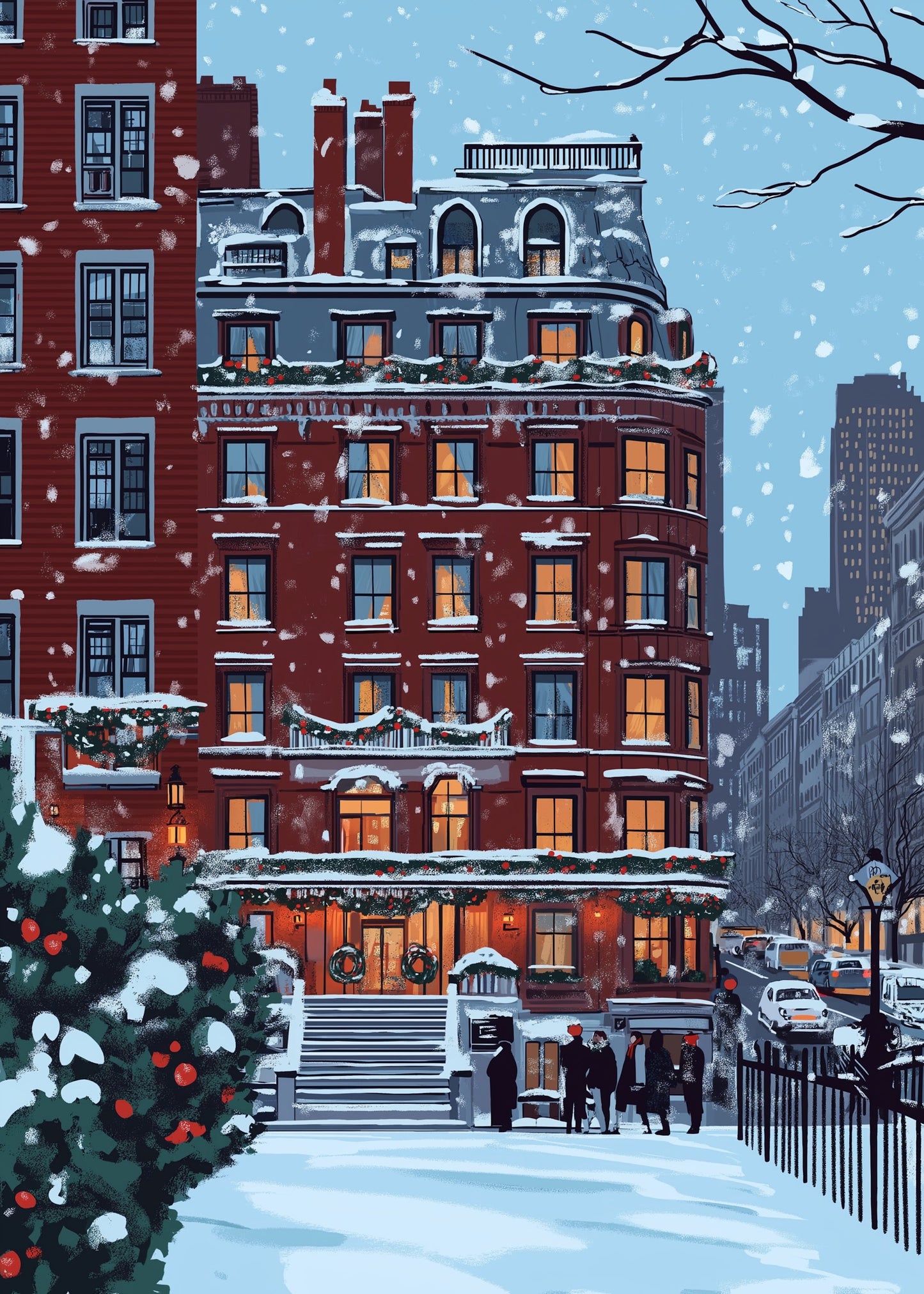 Charming Winter Cityscape | Snow-Covered Urban Setting | Red Brick Buildings | Elegant Lanterns | Poster Print | Festive Evergreens | Cozy Atmosphere | Historical Neighborhood | Serene Evening Scene