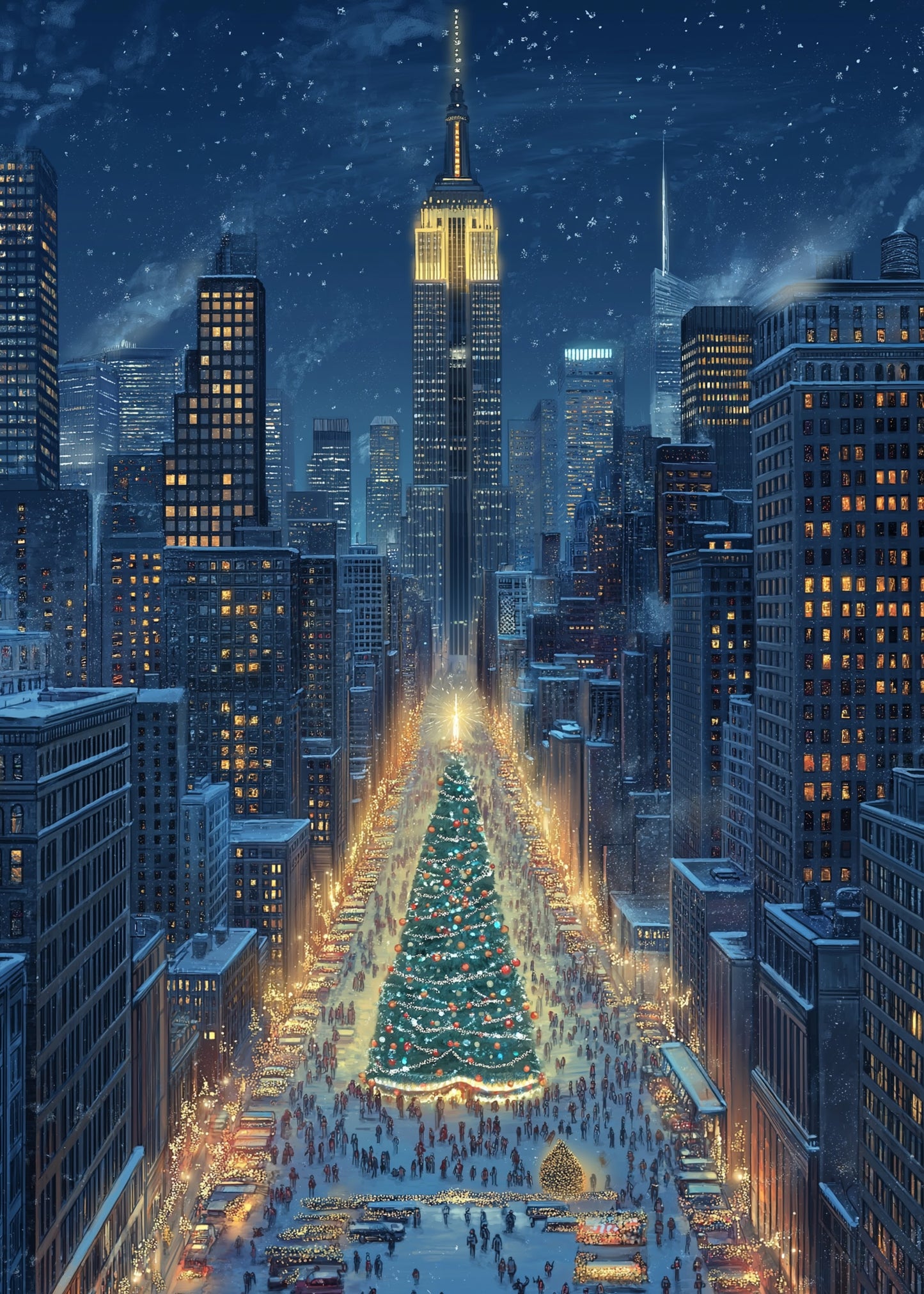 Majestic Winter Night | Christmas Tree Cityscape | Snow-Covered City | Holiday Atmosphere | Festive Scene | Urban Poster | Print
