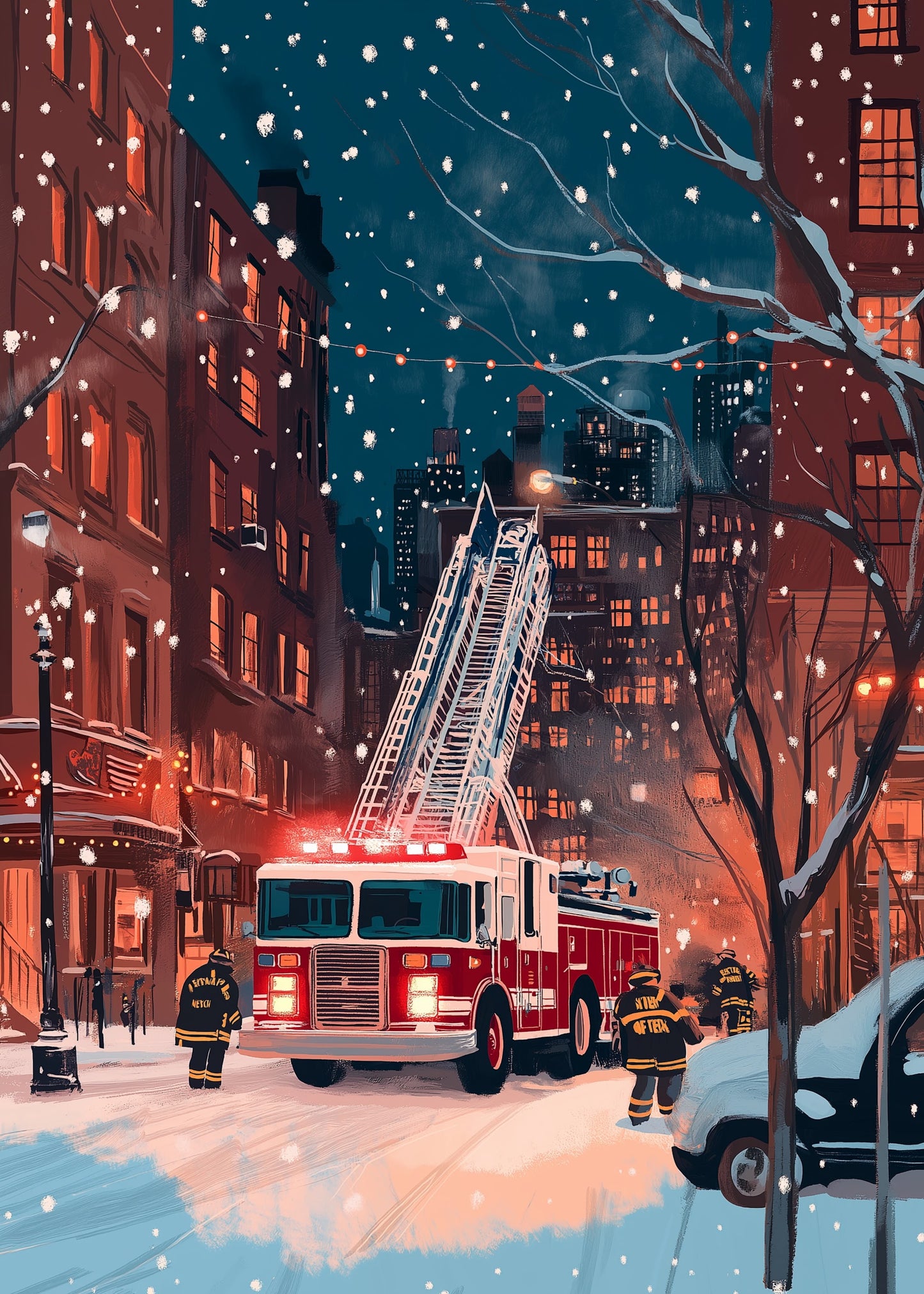 Vibrant City Nightscape | Heroic Firefighters in Action | Ladder Truck in Snow-Covered Urban Scene | Street Art Print | Urban Poster