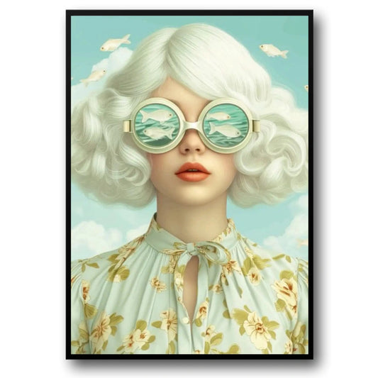 Floral Girl | Botanical Beauty Poster | Sunglasses Woman Encircled with Bright Flowers | Wall Art Decor