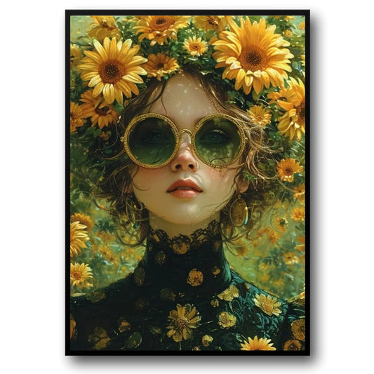 Floral Girl Poster | Eternal Sunflower Portrait | Vibrant Golden Summer Eyes | Lush Sunflower Enveloped Artwork | Home Wall Decor