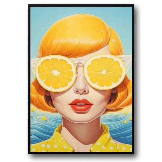 Floral Girl Poster | Vibrant Lemon Slice Sunglasses | Sparkling Ocean Backdrop | Fresh Zesty Summer Feel | Decorative Wall Art