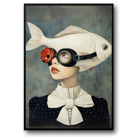 Floral Girl Poster | Surreal Celestial Aquaview | Woman with Fish Head & Vintage Diving Mask | Colorful Artistic Print