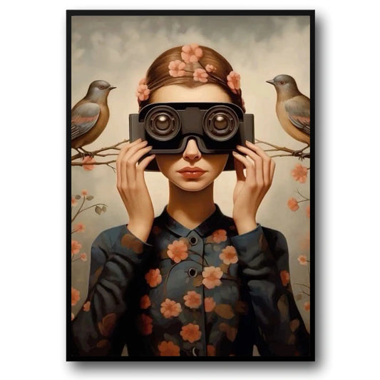 Floral Girl Poster | Woman in Large Goggles | Spring Blossom Backdrop Artwork for Home Decor