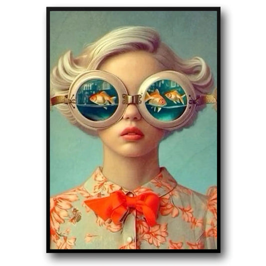Floral Girl Poster | Woman with Fish in Oversized Sunglasses | Serene Aqua Backdrop Art | Unique Home Decor