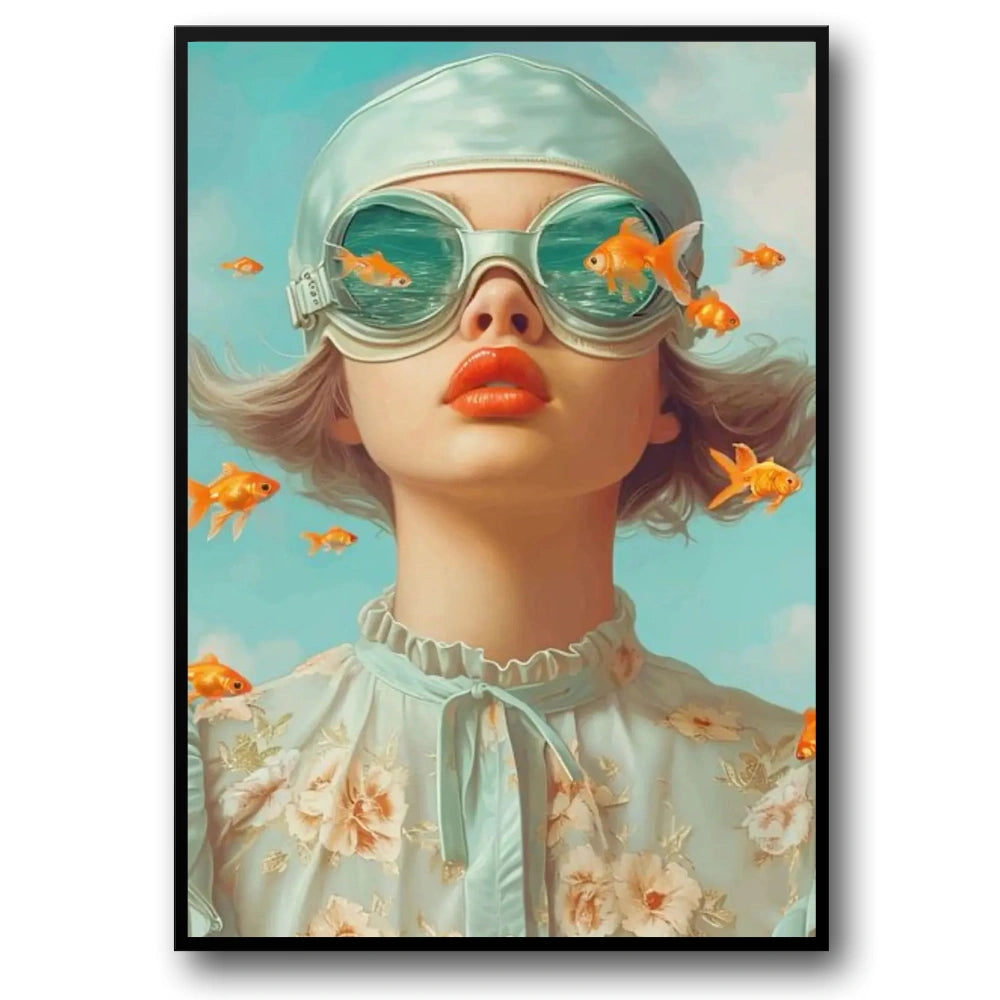 Floral Girl Poster | Aquatic Daydream | Woman with Goldfish | Serene Aquamarine Ambiance | Home Decor Artwork