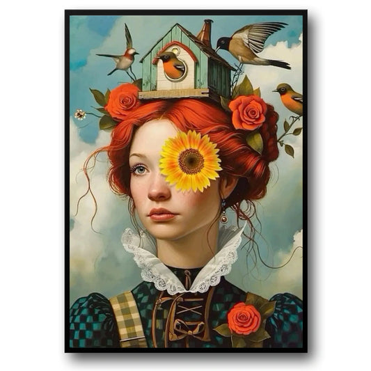 Floral Girl Poster | Rustic Aviary Symphony with Blooming Flowers and Birdhouse | Whimsical Art for Home Decor