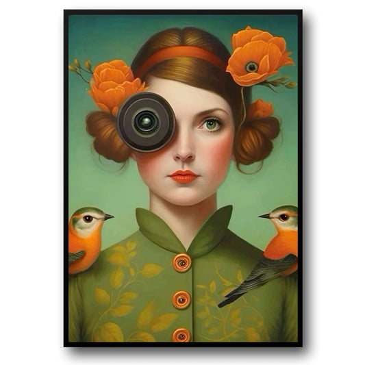 Floral Girl Poster | Optic Garden Artwork | Whimsical Woman with Bird and Botanical Embellishments | Nature Inspired Wall Decor
