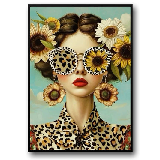 Floral Girl Poster | Sunflower Adorned Woman with Leopard Print | Wild Patterns & Rustic Floral Charm Decor