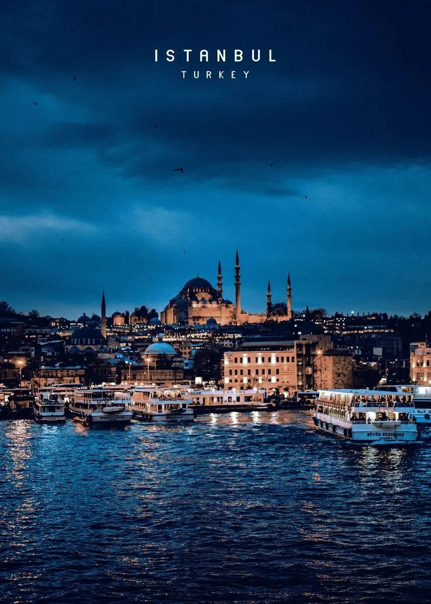 Sultan Ahmed Mosque at Night | Illuminated Blue Mosque Poster | Nighttime Splendor in Istanbul Artwork | Historic Constantinople Scene