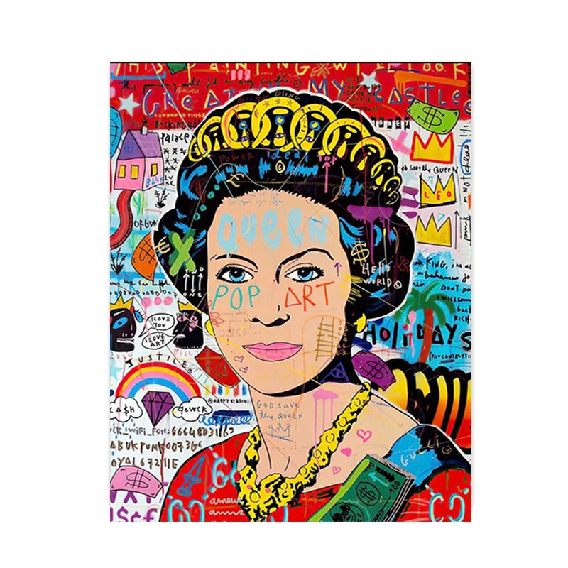 Abstract Pop Graffiti Art Poster | Queen of England Portrait | Canvas Wall Art for Living Room Decor