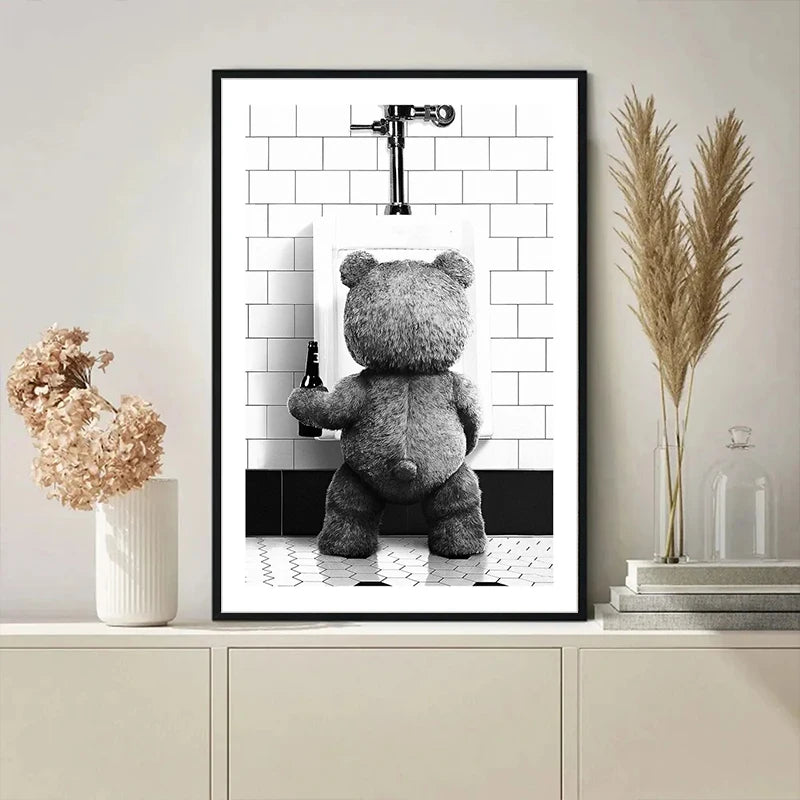 Black White Bear Art Print | Cute Bathroom Wall Poster | Modern Home Decoration | Canvas Picture
