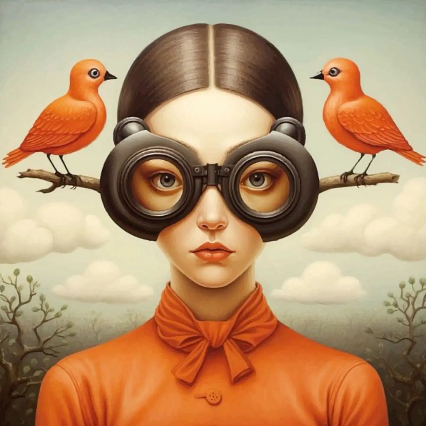 Floral Girl Poster | Birdwatcher's Solitude | Woman in Bird-Themed Goggles | Earthy Tones | Quiet Contemplation | Avian Life Connection | Home Art Decor