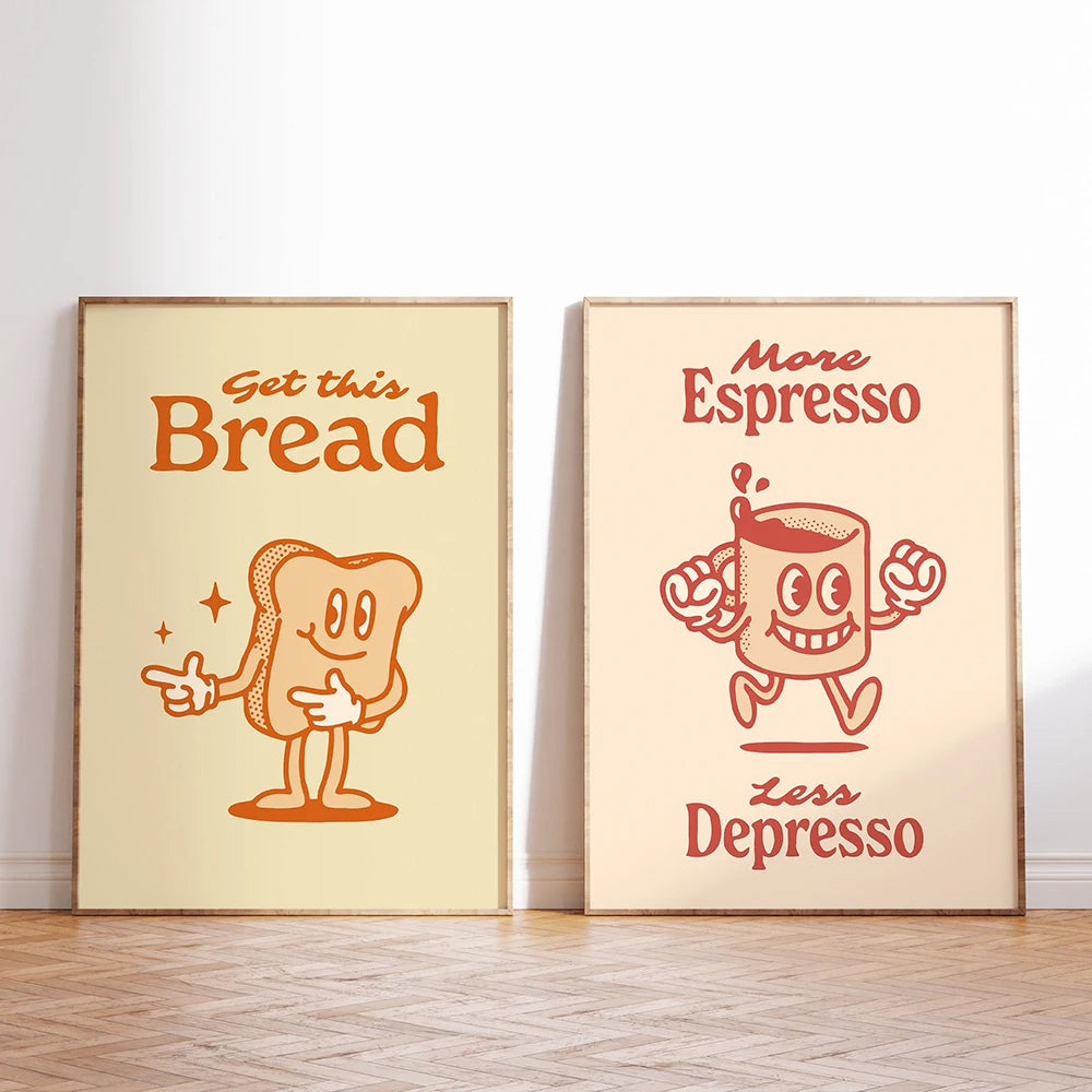 More Espresso Less Depresso Poster | Retro Record Player Cartoon Character | Canvas Wall Art Decor