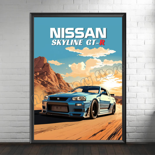 Retro Poster Canvas Painting Japanese Car 1990s Classic Car Nissan Skyline GT-R R34 Wall Art Pictures Home Interior Decor