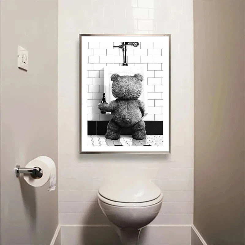 Black White Bear Art Print | Cute Bathroom Wall Poster | Modern Home Decoration | Canvas Picture