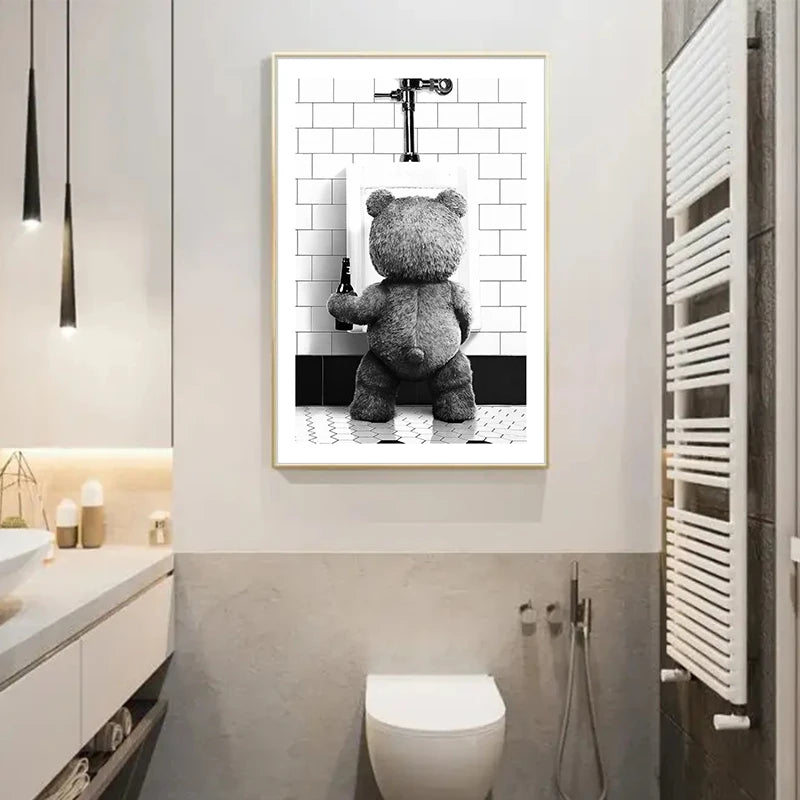 Black White Bear Art Print | Cute Bathroom Wall Poster | Modern Home Decoration | Canvas Picture