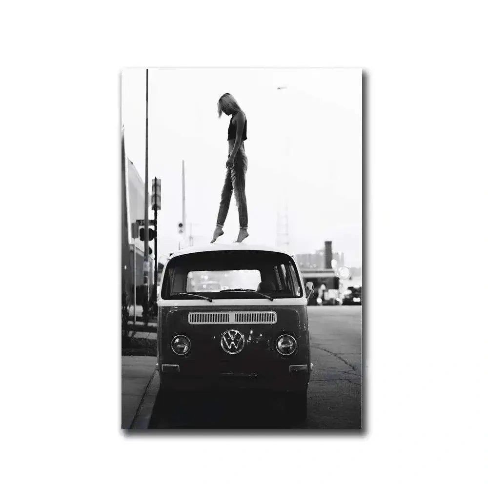 Volkswagen Minivan Poster | Happy Hippy Girl with Paris Skyline | Tribute to Fashion Legends | Stylish Silhouettes