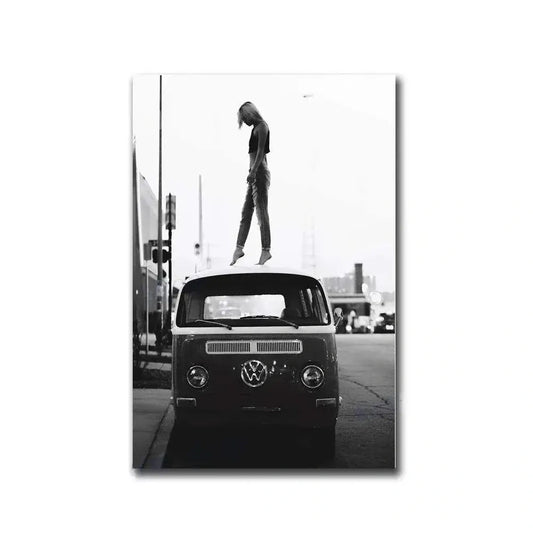 Volkswagen Minivan Poster | Happy Hippy Girl with Paris Skyline | Tribute to Fashion Legends | Stylish Silhouettes