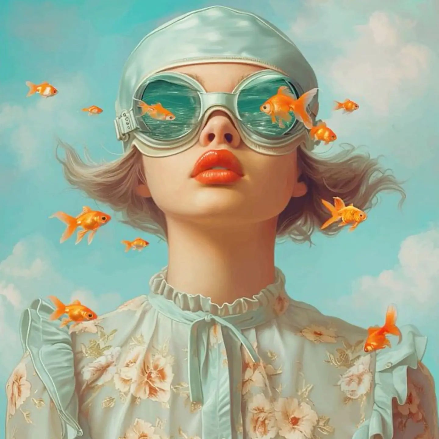 Floral Girl Poster | Aquatic Daydream | Woman with Goldfish | Serene Aquamarine Ambiance | Home Decor Artwork