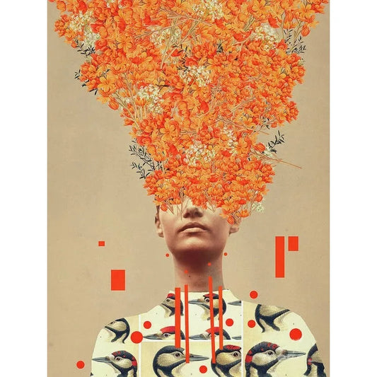Vintage Flower Heads Poster | Blossoms of the Mind Art | Floral Woman Illustration | Spring Fervor with Fiery Floral Cascade