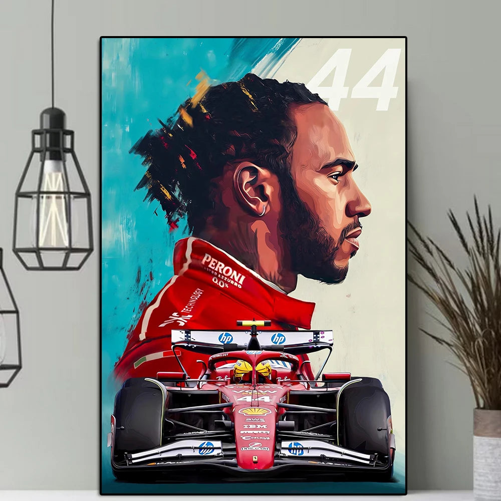 Lewis Hamilton 2025 Formula 1 Season Artistic Portrait Poster | Vibrant Abstract Background | SF25 Car | Number 44