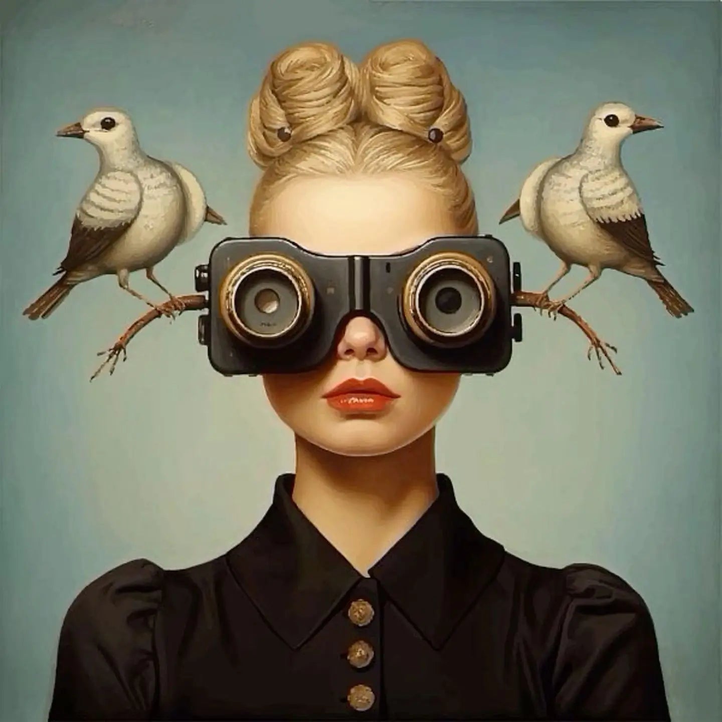 Floral Girl Poster | Avian Observer Design | Woman with Ornate Binoculars and Serene Doves on Branches