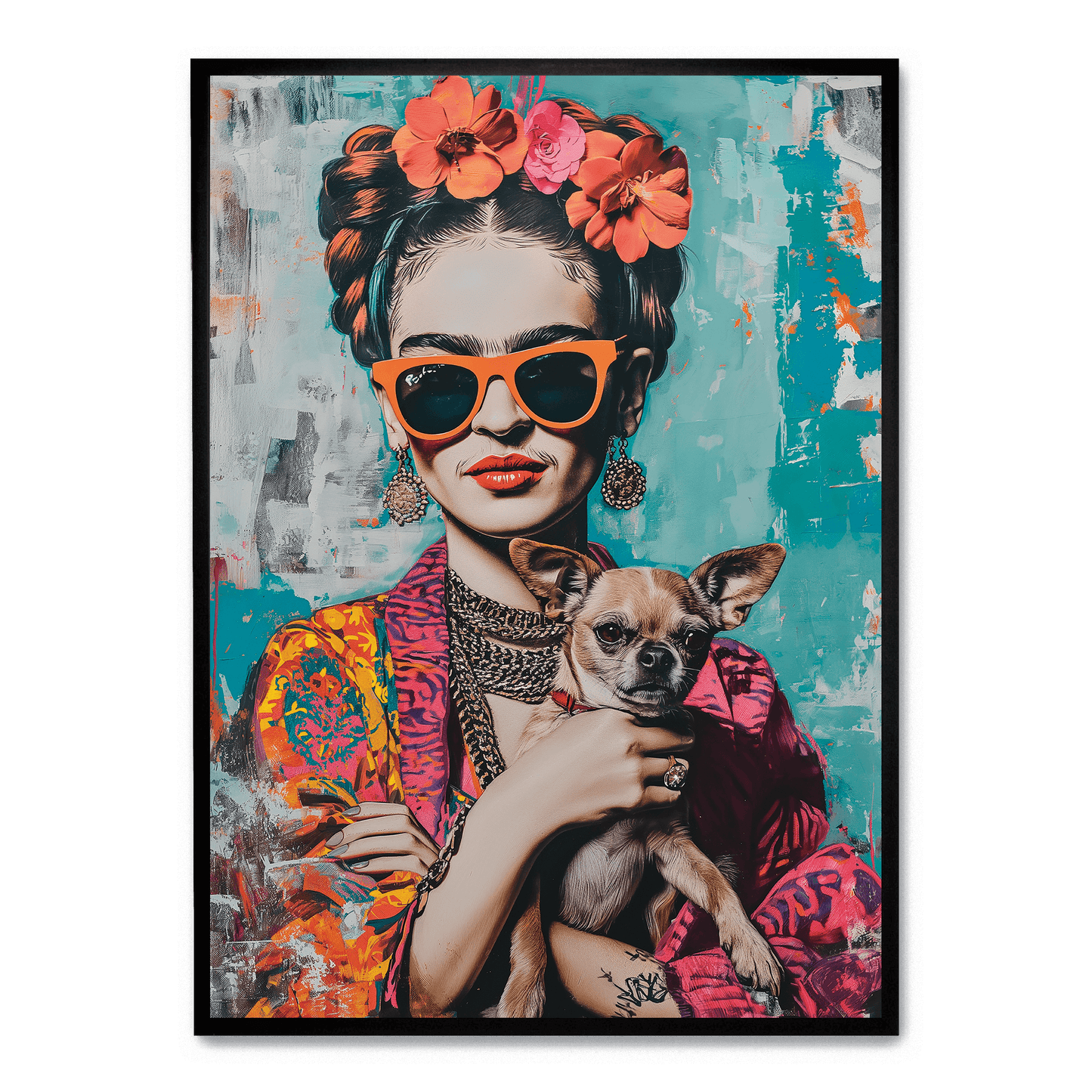 Frida Kahlo Style Poster | Chihuahua Portrait Art | Colorful Wall Decor | Artistic Print for Home & Garden | Unique Dog Themed Artwork