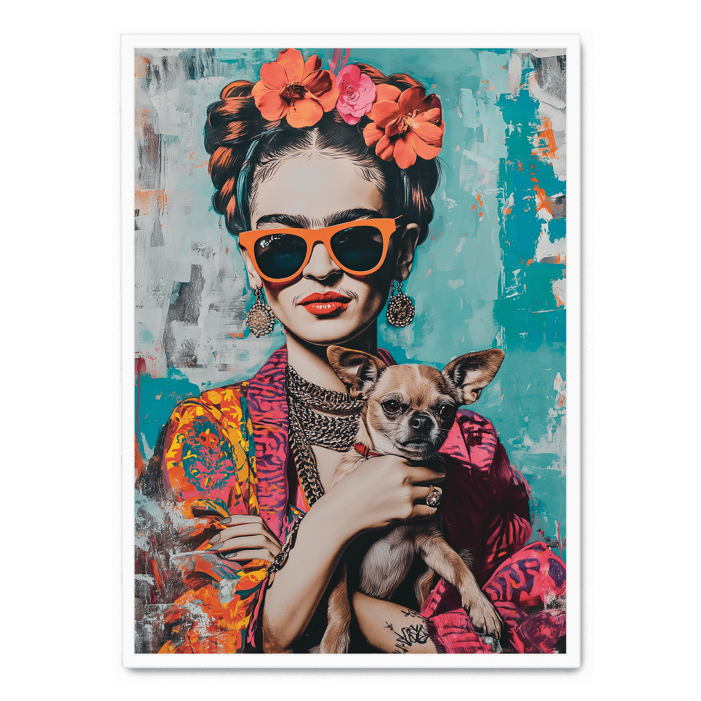 Frida Kahlo Style Poster | Chihuahua Portrait Art | Colorful Wall Decor | Artistic Print for Home & Garden | Unique Dog Themed Artwork