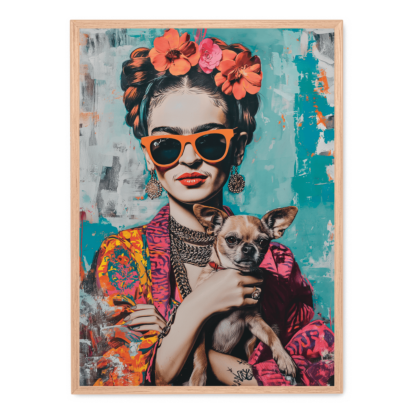 Frida Kahlo Style Poster | Chihuahua Portrait Art | Colorful Wall Decor | Artistic Print for Home & Garden | Unique Dog Themed Artwork