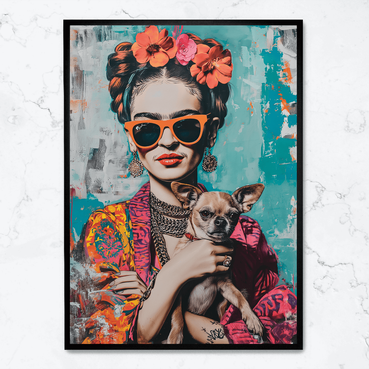 Frida Kahlo Style Poster | Chihuahua Portrait Art | Colorful Wall Decor | Artistic Print for Home & Garden | Unique Dog Themed Artwork