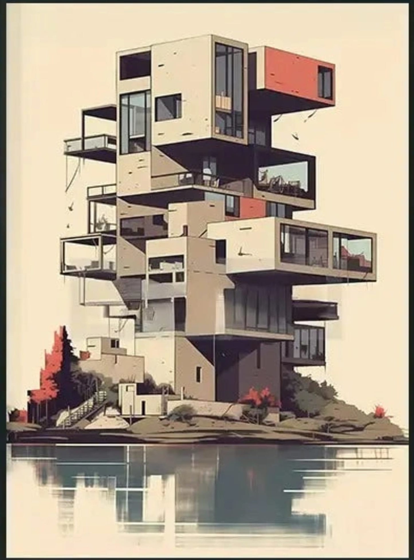 Lakeside Modern Architecture Poster | Layered Building Art Print | Minimalist Landscape | Stylish Wall Decoration