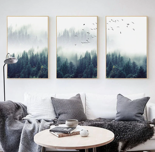 Birds in Deep Fog | Triptych Poster Set | Nature Wall Art | Misty Forest Scene | Home Decor