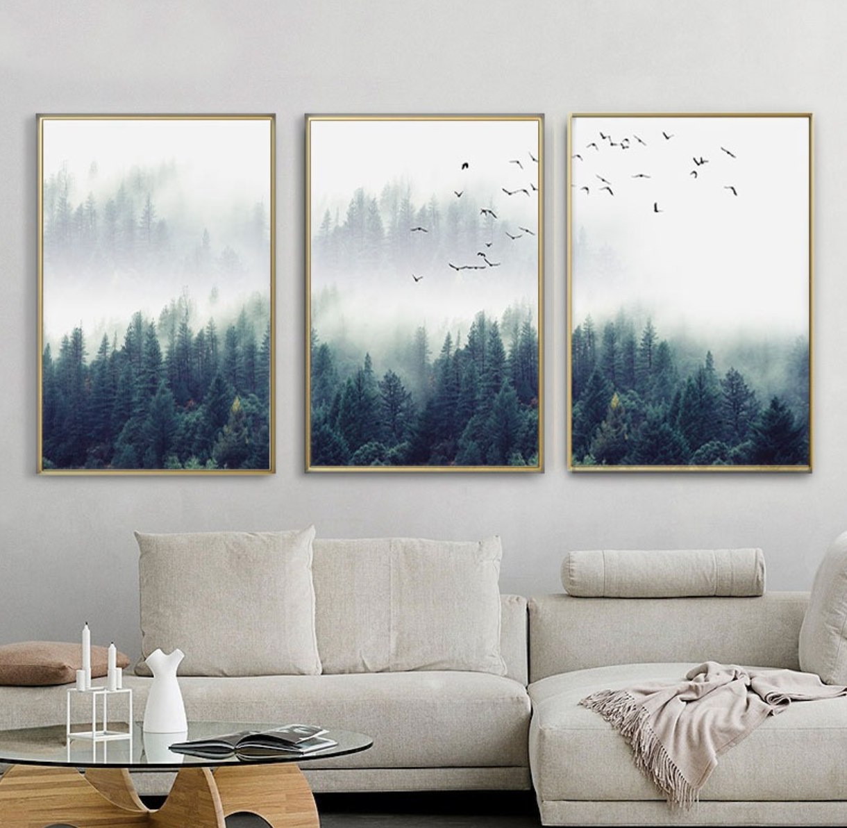 Birds in Deep Fog | Triptych Poster Set | Nature Wall Art | Misty Forest Scene | Home Decor