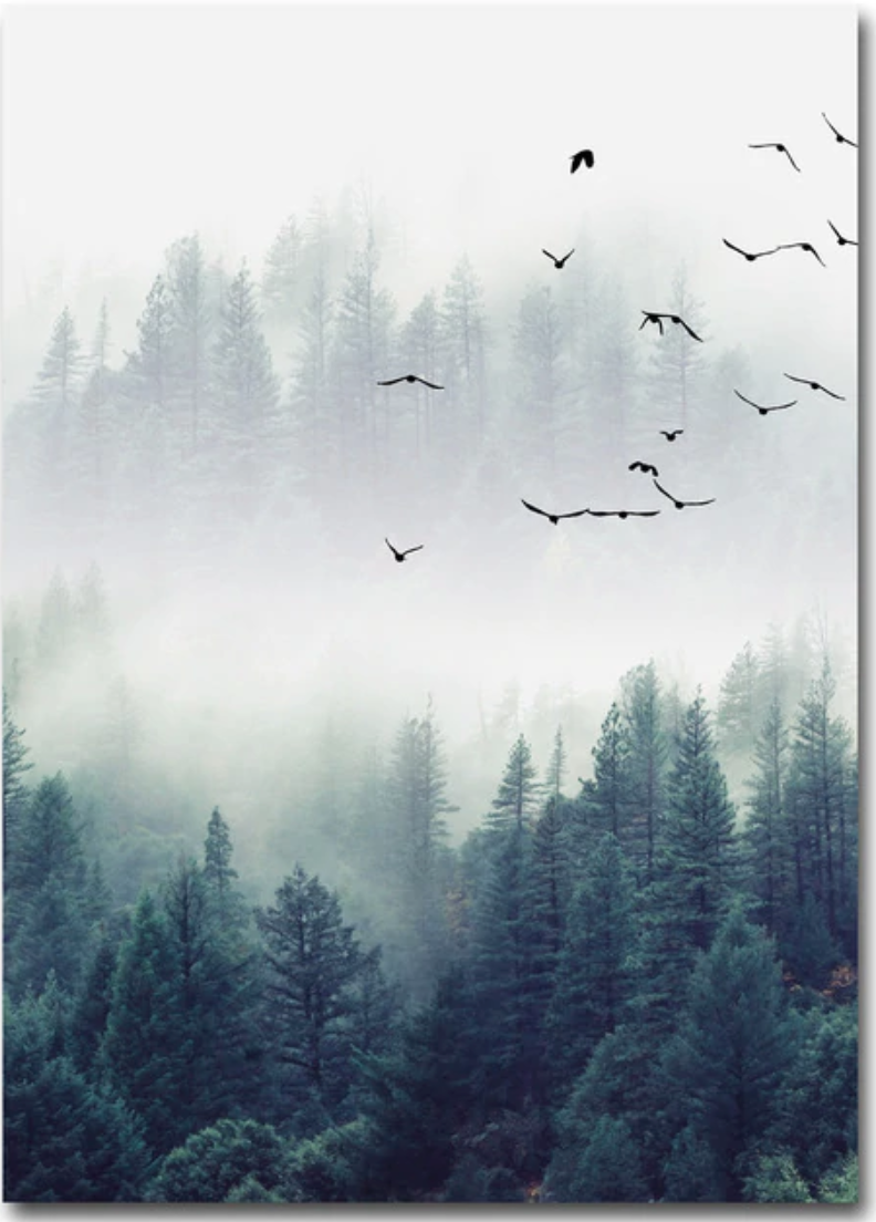 Birds in Deep Fog | Triptych Poster Set | Nature Wall Art | Misty Forest Scene | Home Decor