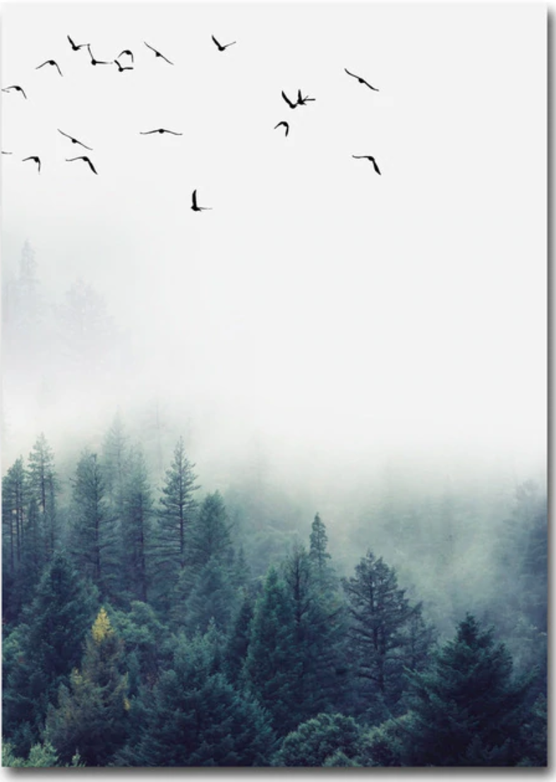 Birds in Deep Fog | Triptych Poster Set | Nature Wall Art | Misty Forest Scene | Home Decor