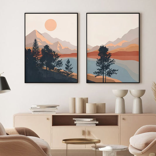 Illustrated Mountainscape Art Set | Landscape Poster Duo | Nature Wall Decor | Artistic Print Collection | Home & Garden Decor
