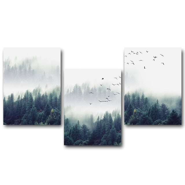 Birds in Deep Fog | Triptych Poster Set | Nature Wall Art | Misty Forest Scene | Home Decor