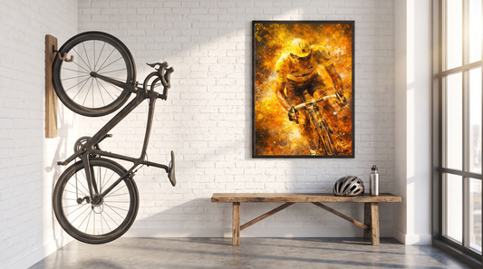 Cycling art print in a modern bike room